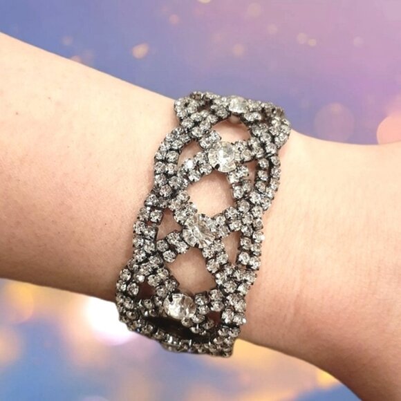 Braided Faux Diamond Bracelet Rhinestone Formal Wedding Woven Chunky Gunmetal - Picture 1 of 12